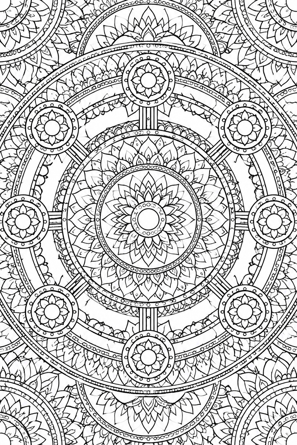 Intricate black and white mandala with concentric floral and geometric patterns.
