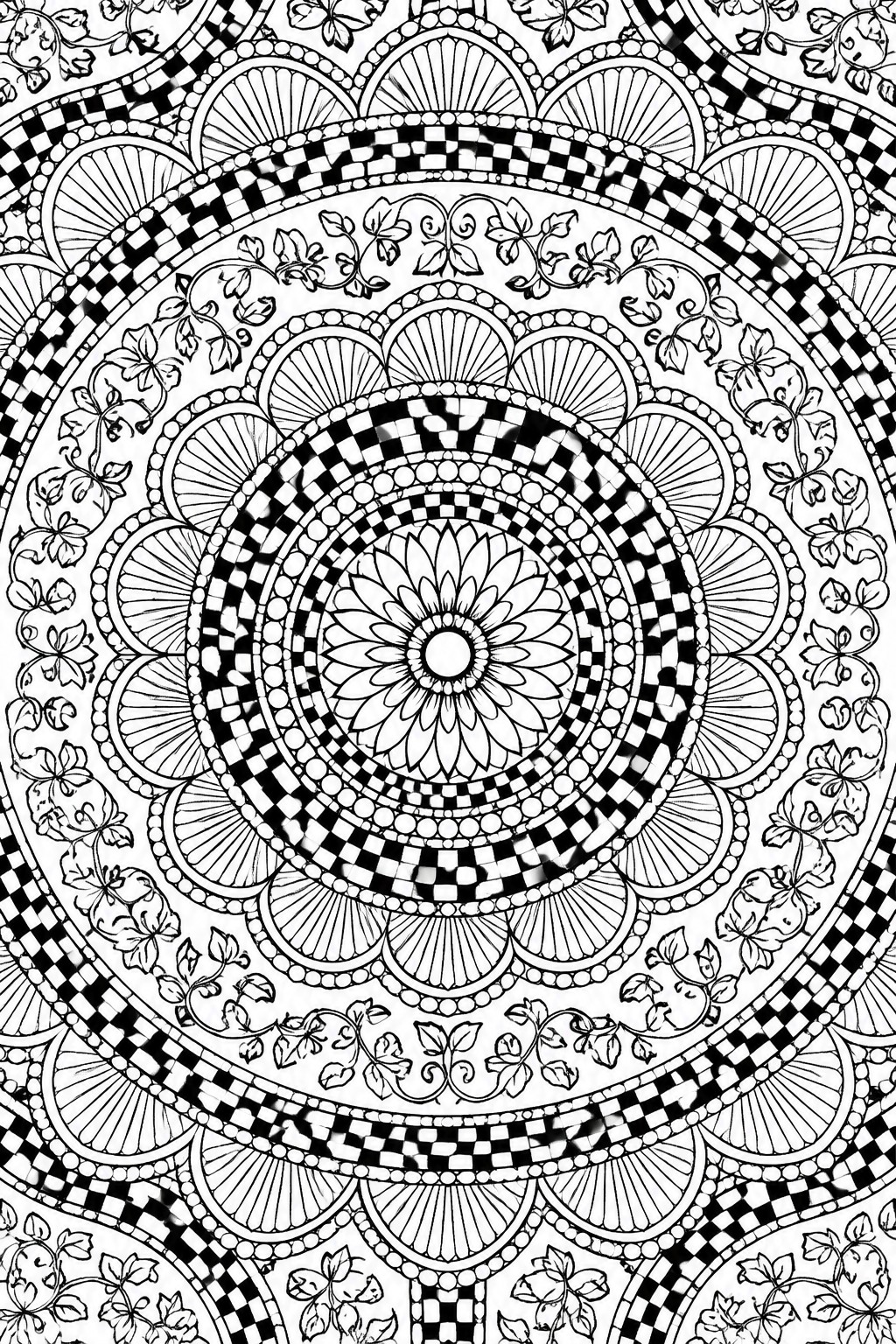 A black and white mandala coloring page with a central flower, multiple concentric rings including checkered borders, radiating lines, and leafy vines.