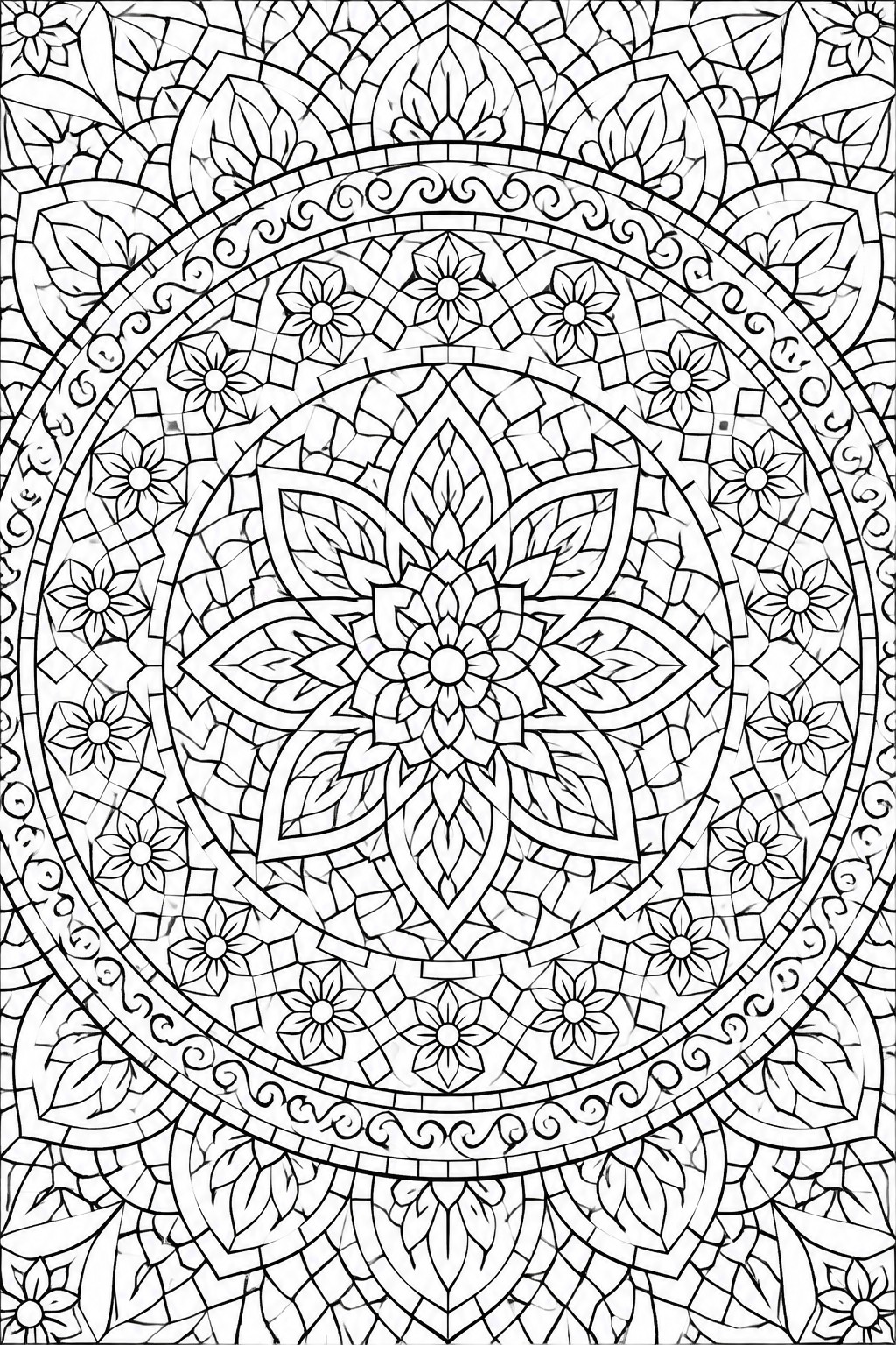 A black and white mandala coloring page showing a central flower with multiple concentric rings of smaller flowers, leaves, and geometric patterns.