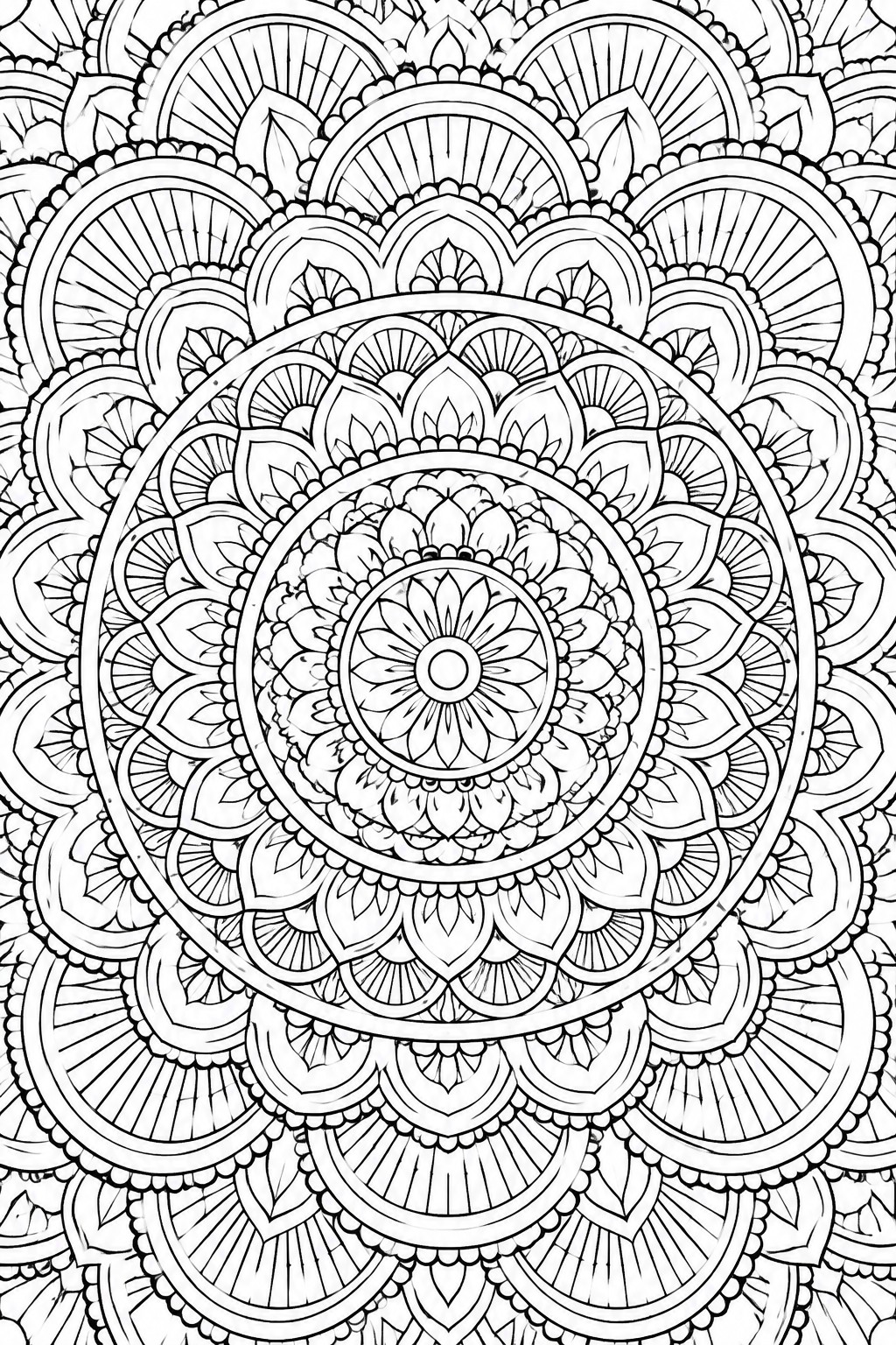 A black and white mandala coloring page with multiple concentric rings of detailed petals and geometric patterns radiating from the center.