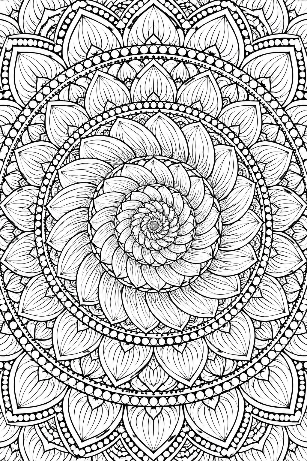 Intricate black-and-white mandala with concentric floral petals, leaves, and dotted rings.