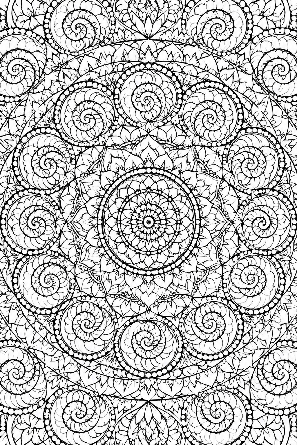 Intricate black-and-white mandala with spiral shells, floral motifs, and leaf patterns.
