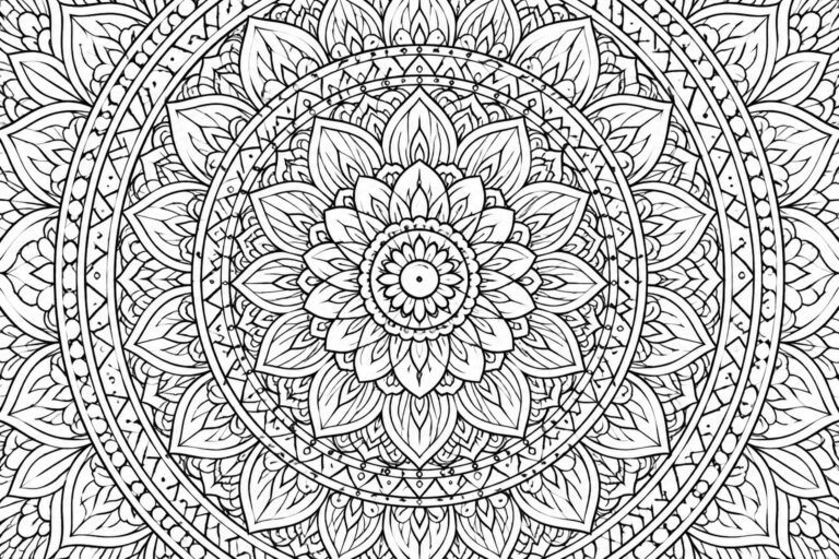25 Meditative Mandala Coloring Pages Focused on Symmetry and Repetition Intricate black-and-white mandala with layered floral petals, leaves, and geometric patterns