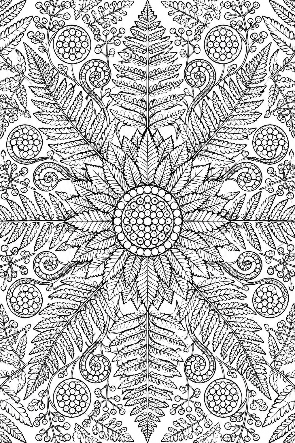 Symmetrical black and white mandala of ferns, leaves, and dotted circles