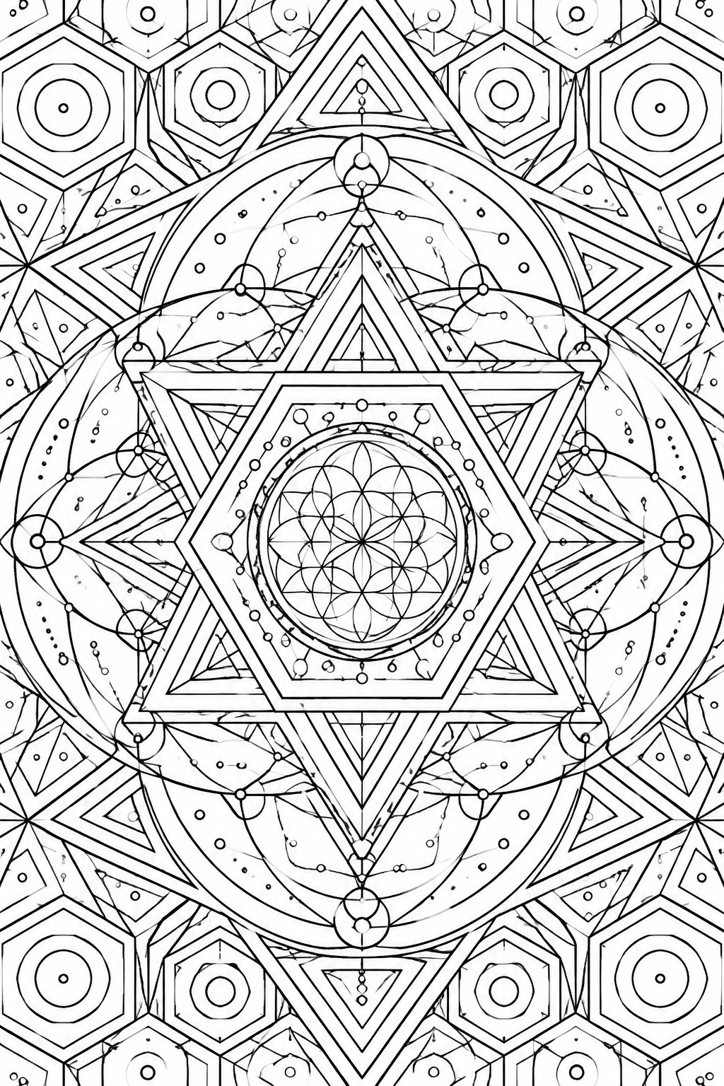 Intricate black-and-white mandala with central Star of David and sacred geometry patterns.