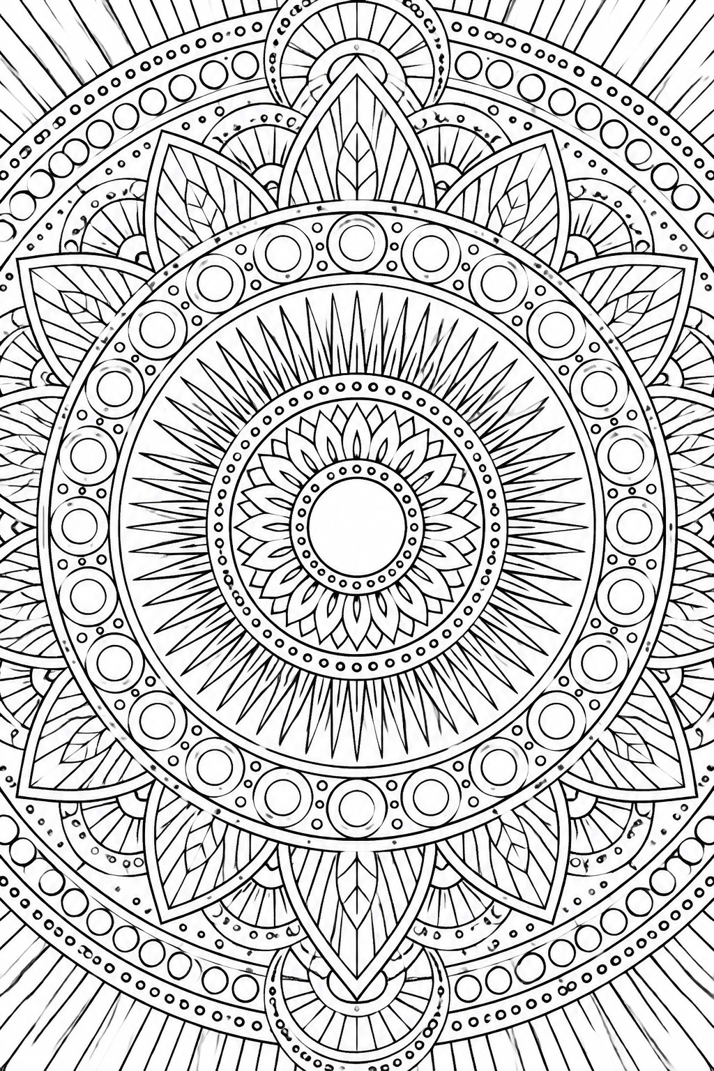 Intricate black-and-white mandala with layered floral, geometric, and radiating circular patterns.