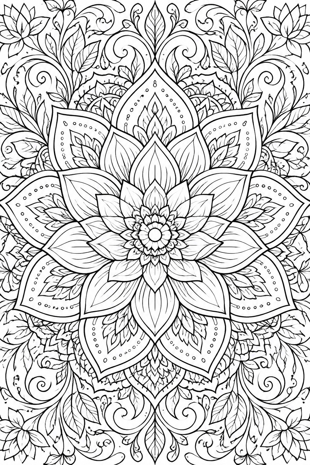 Intricate black and white mandala with central lotus, leaves and swirls