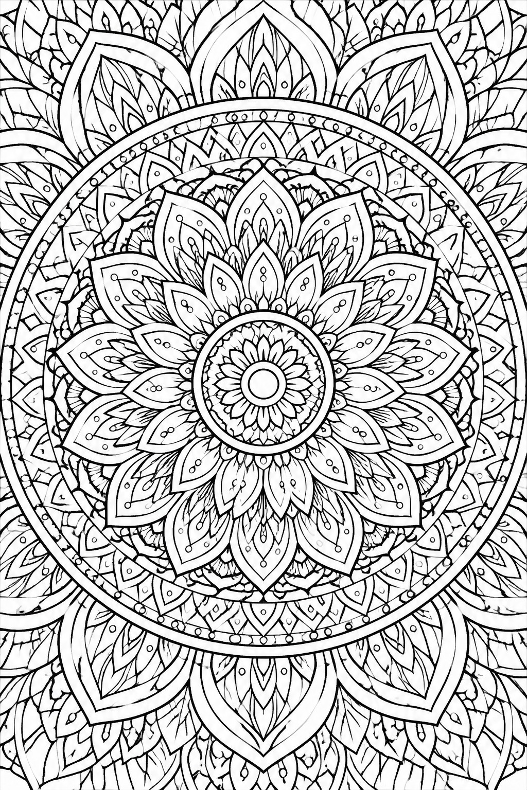 Intricate black-and-white mandala with layered floral petals, leaves, and geometric patterns