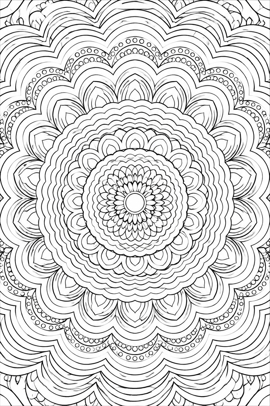 Intricate black and white mandala with concentric floral patterns and dotted borders