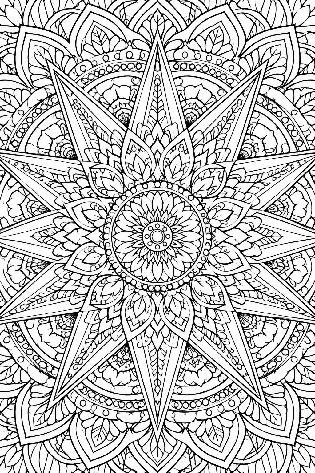 Intricate black-and-white mandala with central flower, layered petals, and pointed star rays.