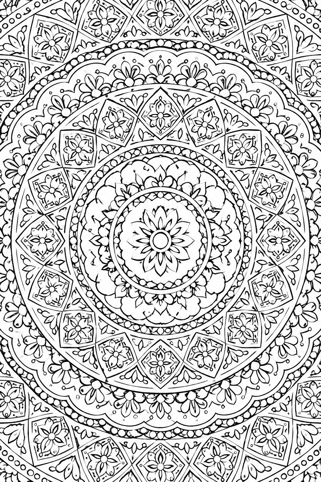 Intricate black-and-white mandala with floral motifs and geometric patterns in concentric circles.