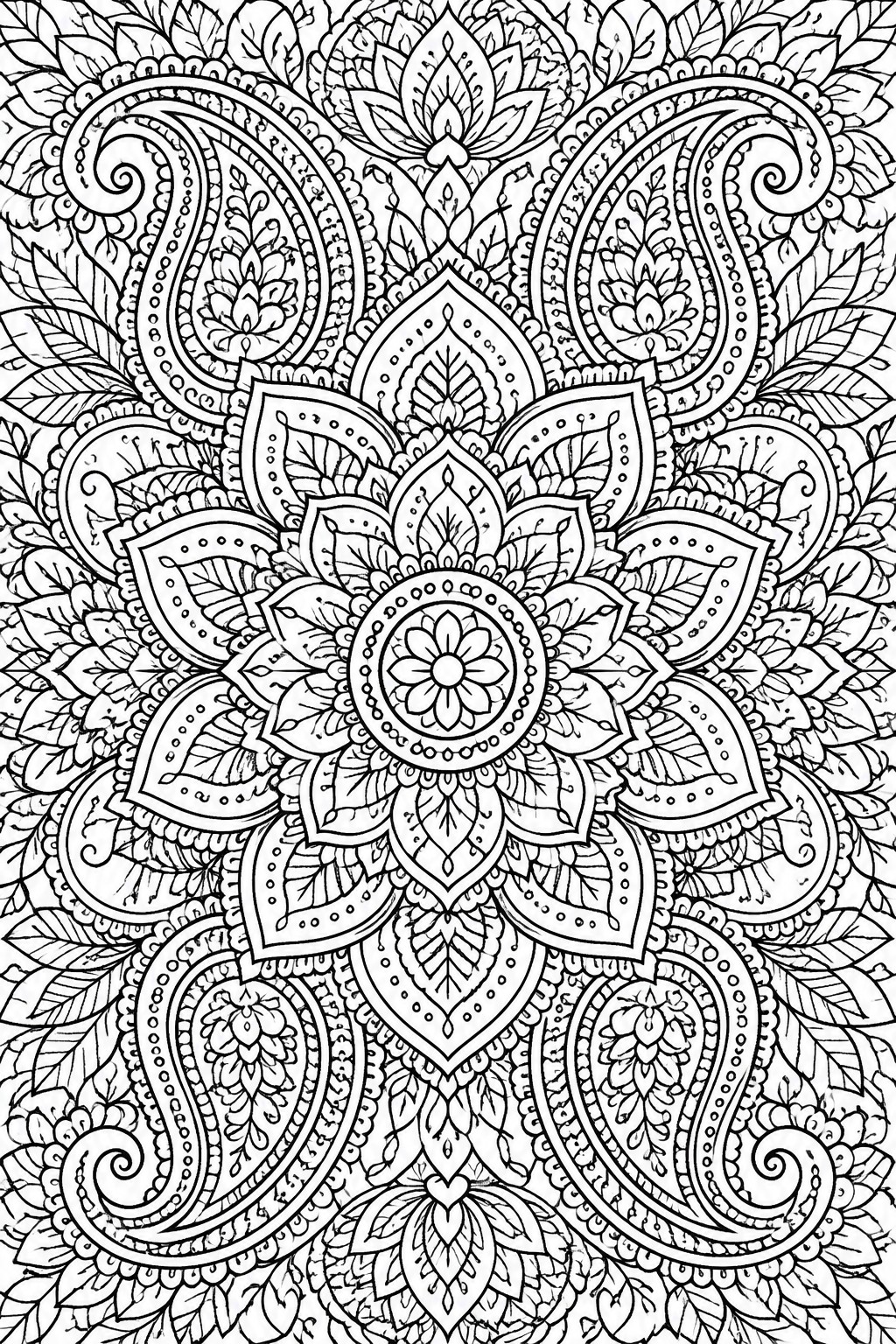 A black and white mandala coloring page with paisley shapes, a central lotus flower, layered petals, and repeating leaf and swirl patterns.