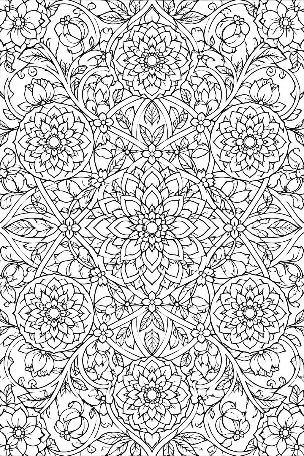 Intricate black-and-white mandala with symmetrical lotus flowers, vines, and detailed foliage.