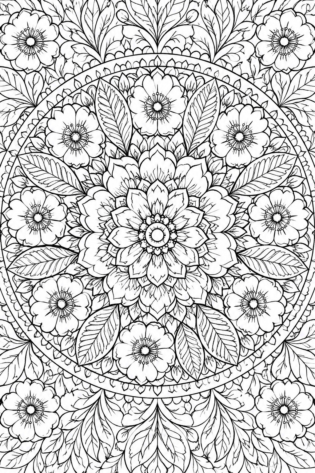 Intricate black-and-white mandala with layered flowers, leaves, and symmetrical patterns.