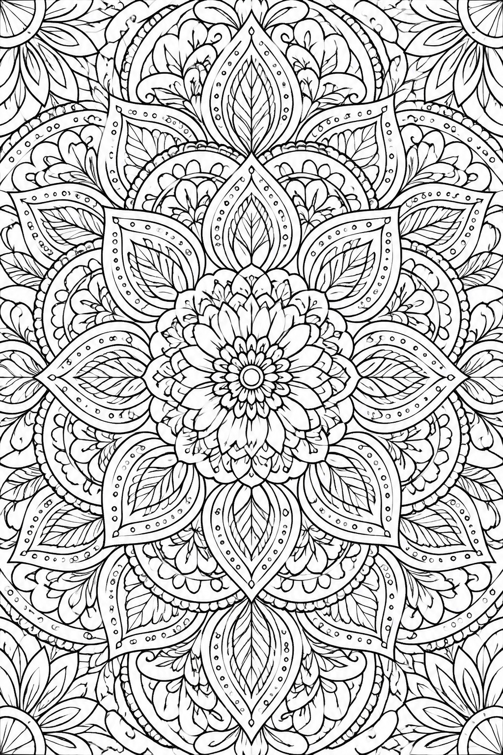 Intricate black-and-white mandala with central flower, layered leaves, and symmetrical patterns.