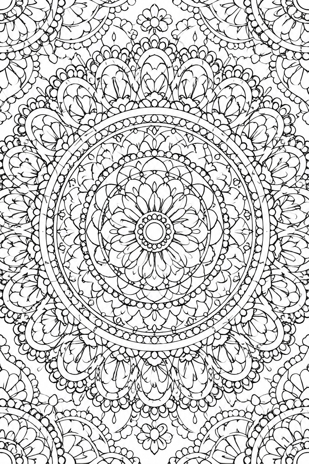 Intricate black-and-white mandala with floral motifs, petals, and concentric circles.