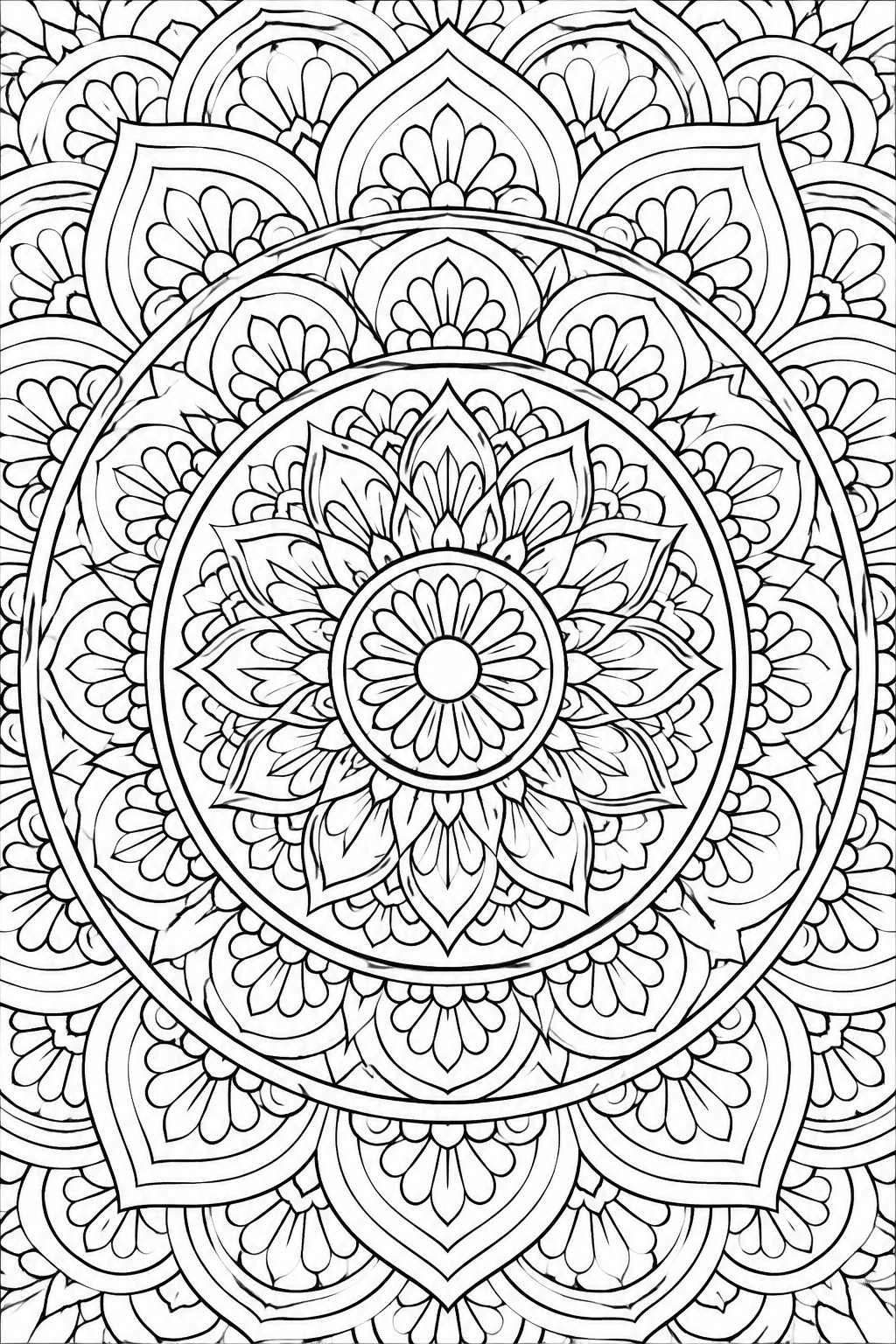 Intricate black-and-white mandala with layered lotus petals and symmetrical geometric patterns.