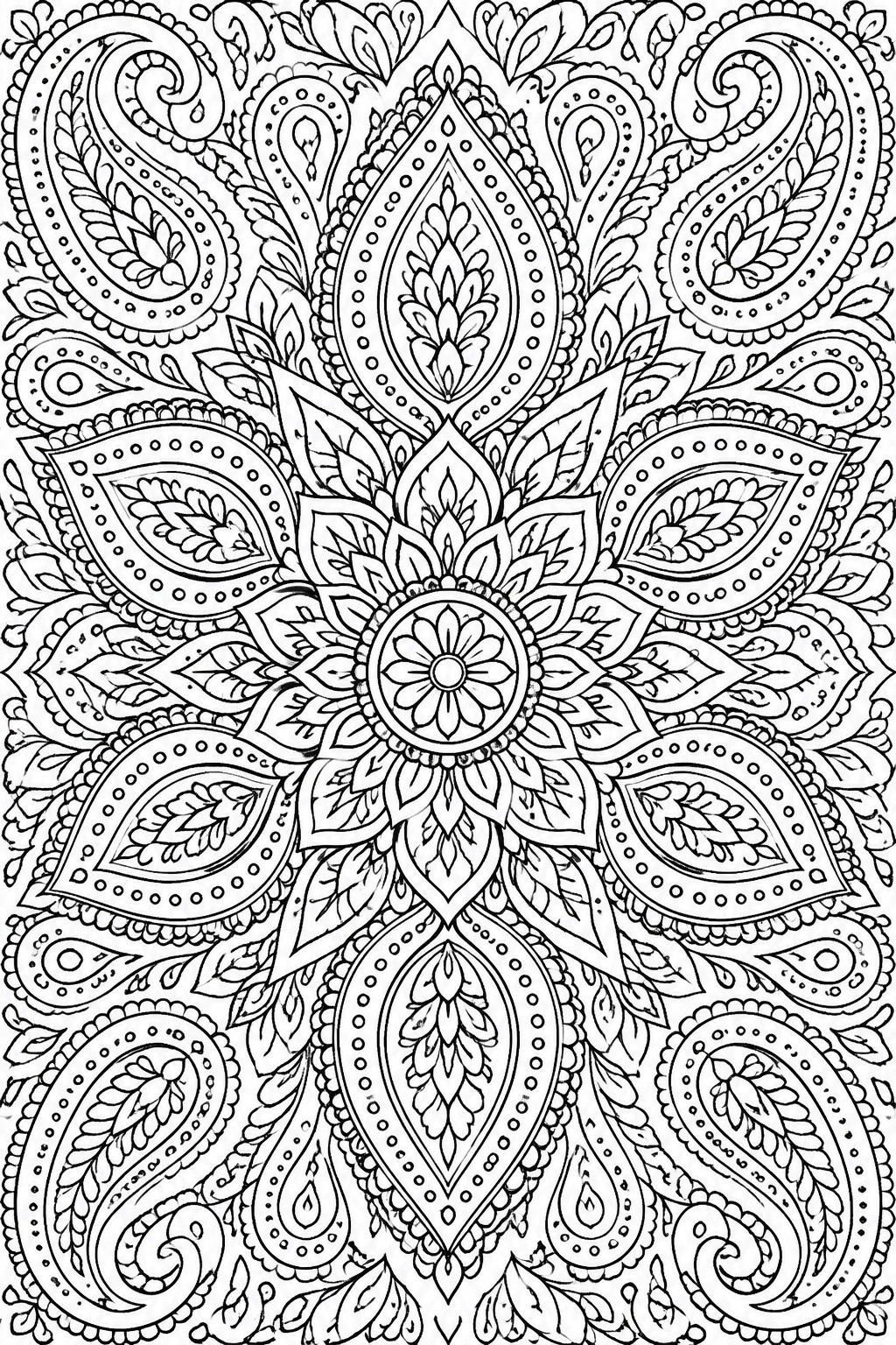 A black and white mandala coloring page with paisley patterns, flowers, and leaves arranged symmetrically around a central bloom.