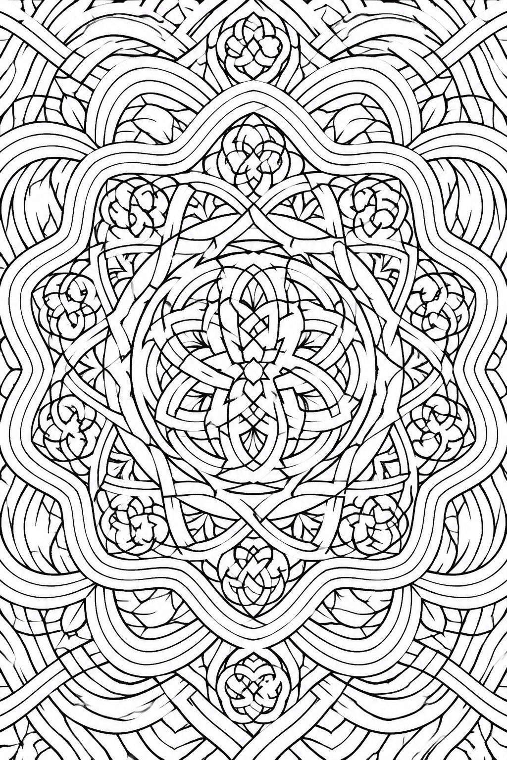 A black and white line drawing of an intricate circular mandala with Celtic knots, interwoven lines, leaf motifs, and braided wave borders in a symmetric radial design.