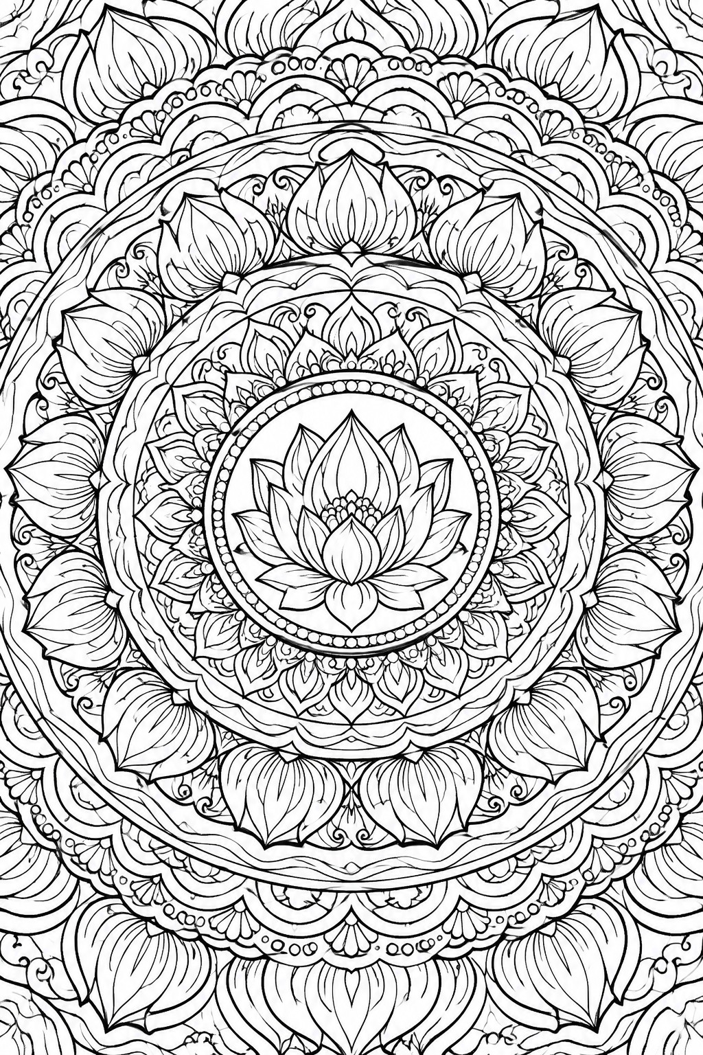 Intricate black-and-white mandala with concentric lotus flowers and floral patterns.