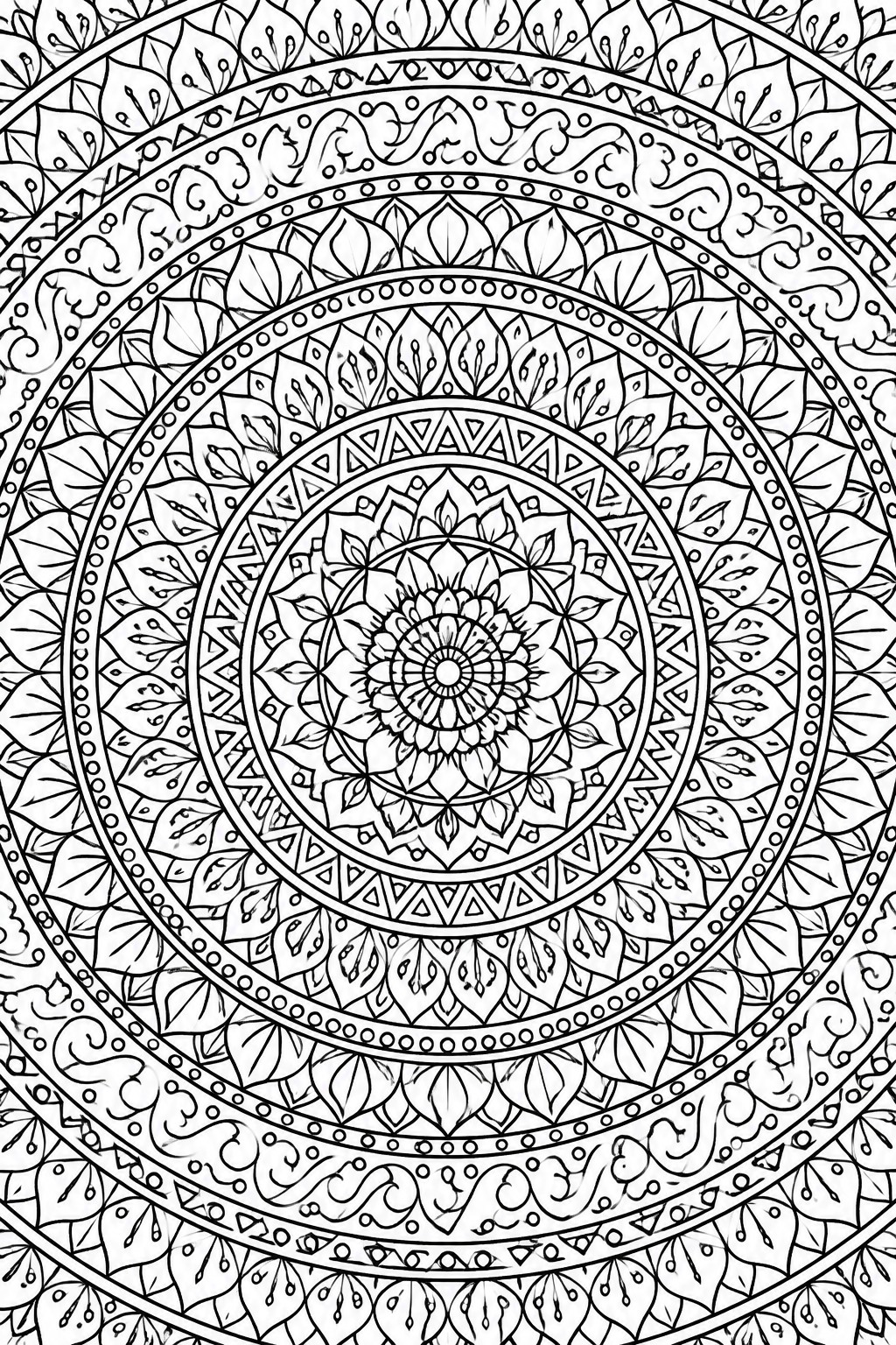 Intricate black-and-white mandala with concentric floral, leaf, and geometric patterns.