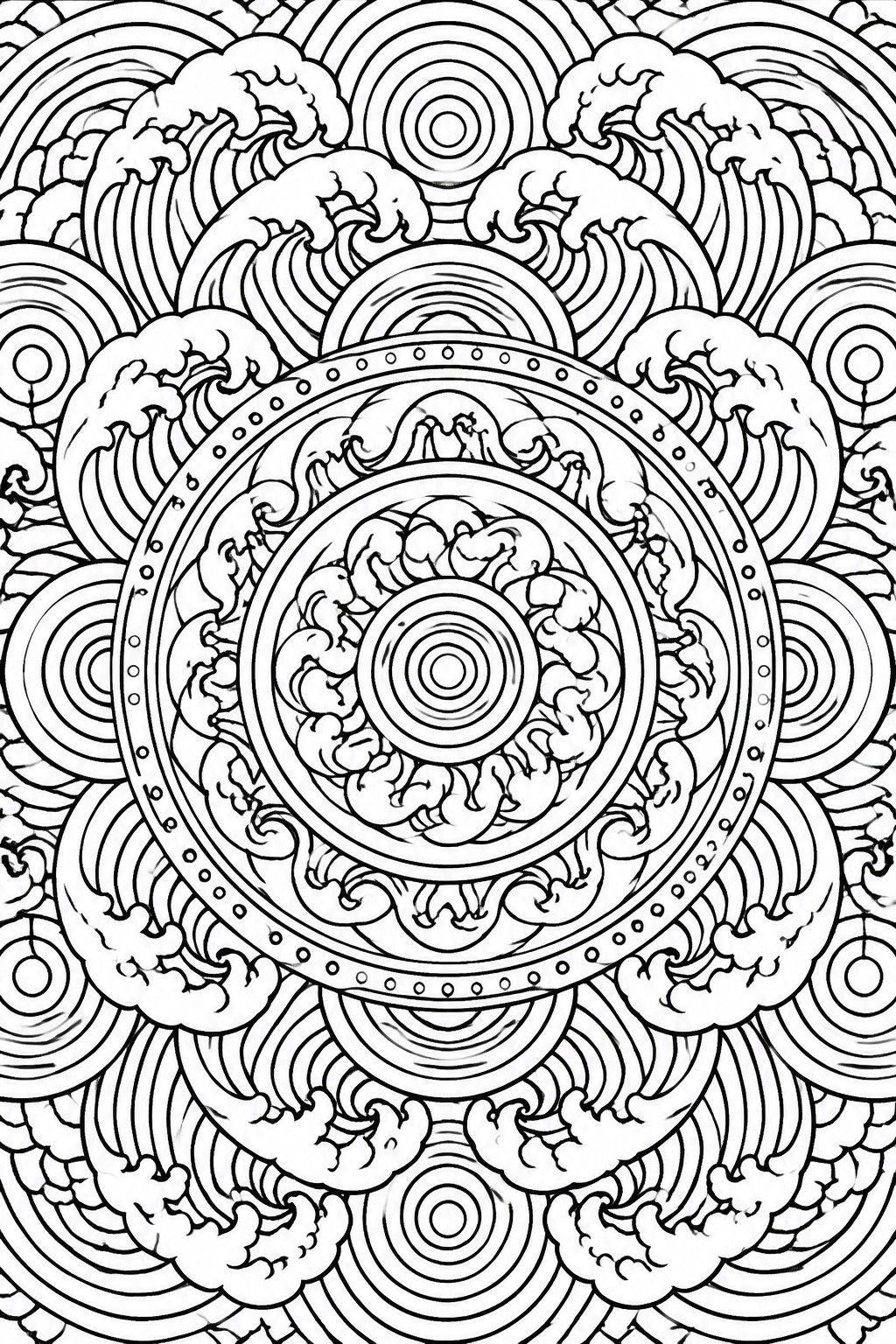 A black and white mandala coloring page with concentric circles of wave patterns and an ornate central design.