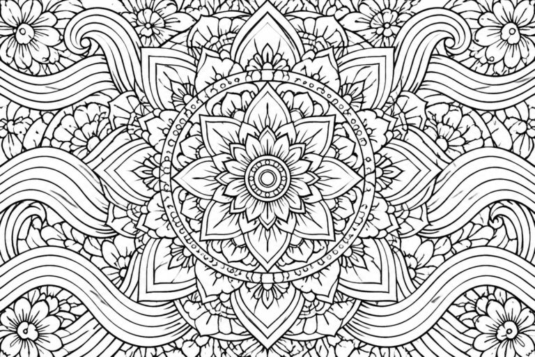 25 Stress Relief Coloring Pages Featuring Mandalas, Waves, and Repeating Motifs A black and white intricate mandala coloring page featuring a central flower, layered petals, shield shapes, and wavy outer borders with dotted lines.