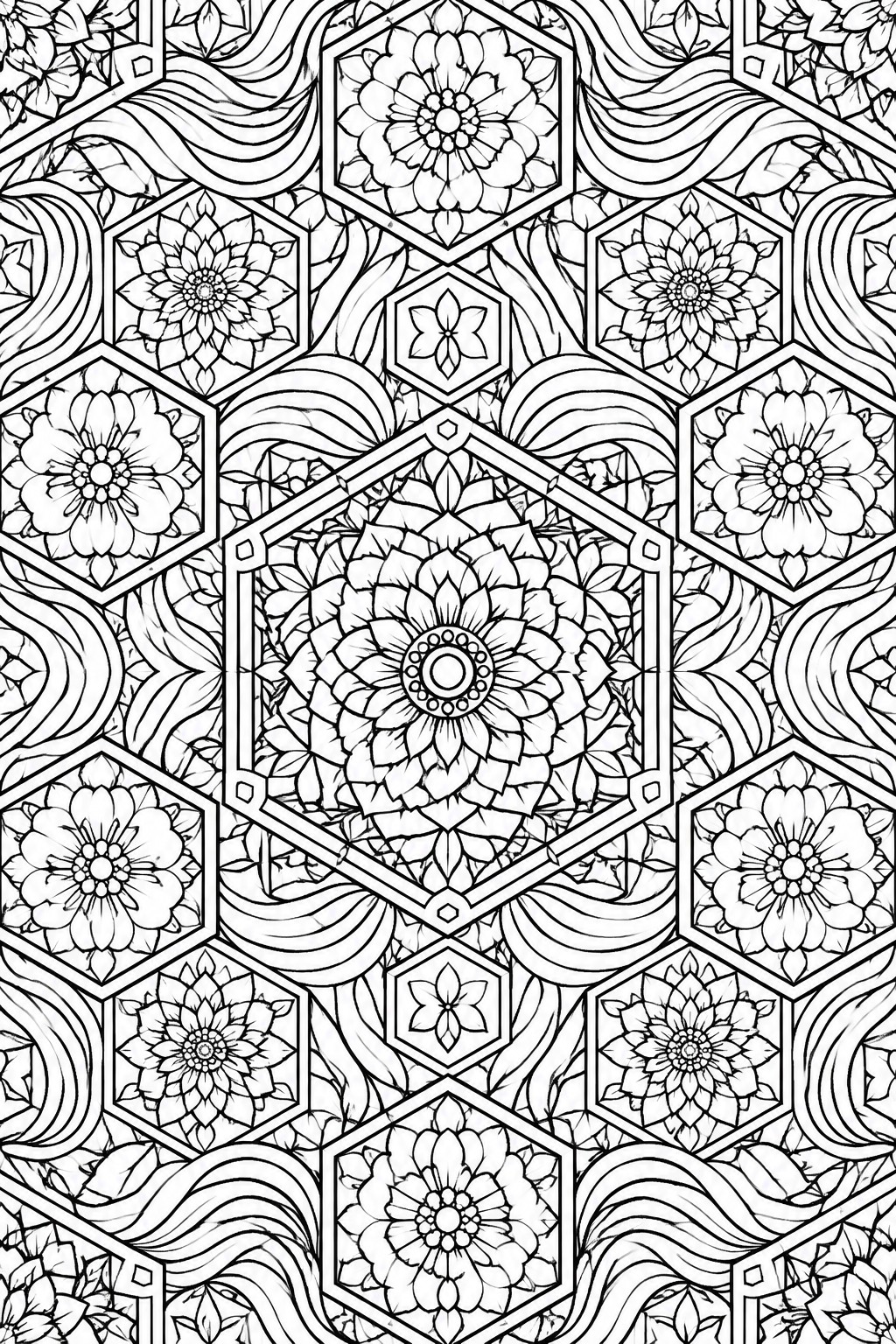 Intricate black-and-white mandala with floral patterns inside hexagonal frames.