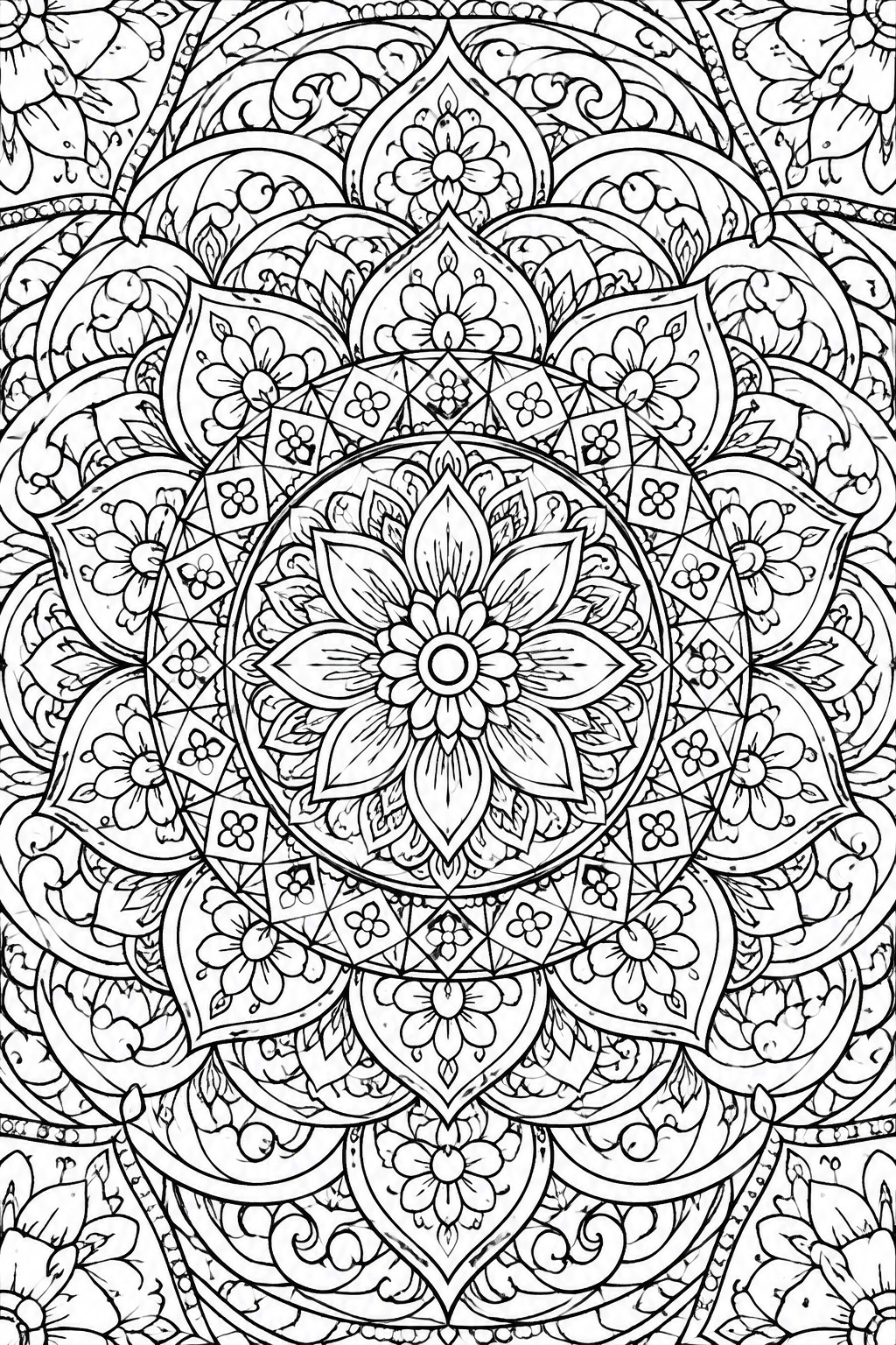 A black and white mandala coloring page filled with concentric layers of flowers, leaves, and geometric patterns.
