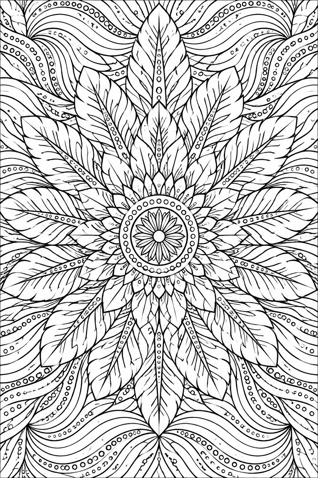 A black and white mandala coloring page with layered leaf shapes, a central flower, and dotted wave patterns.