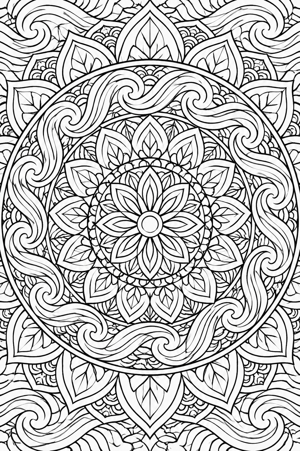 Intricate black and white mandala featuring floral center, leaves, and swirling patterns.