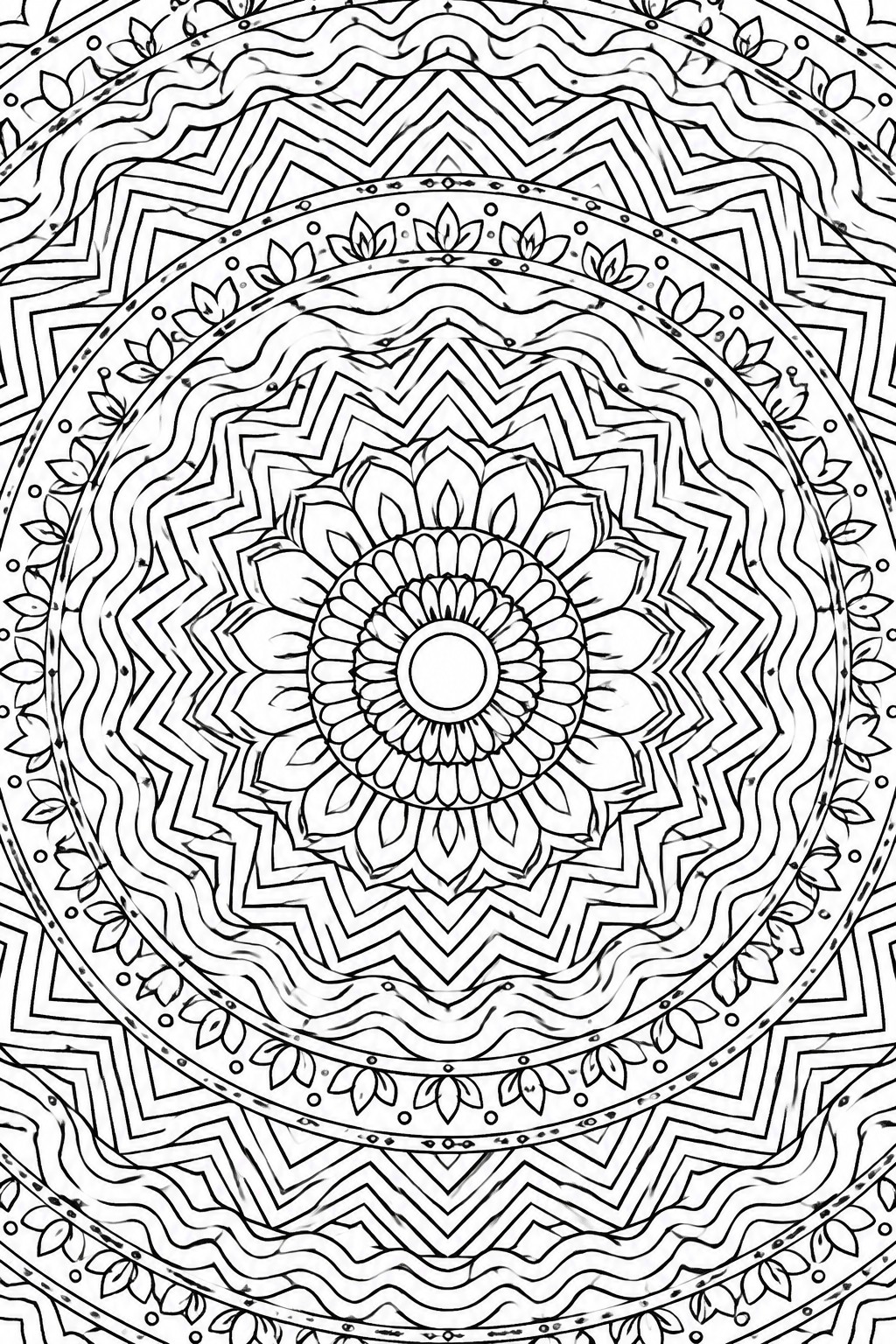 Intricate black-and-white mandala with concentric zigzags, waves, and floral motifs.