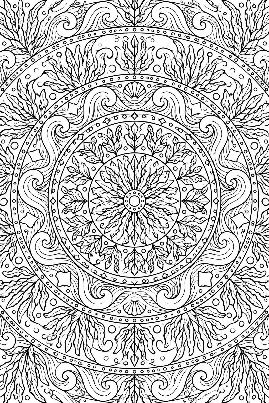 Intricate black-and-white mandala with floral motifs, swirls, and dotted concentric rings