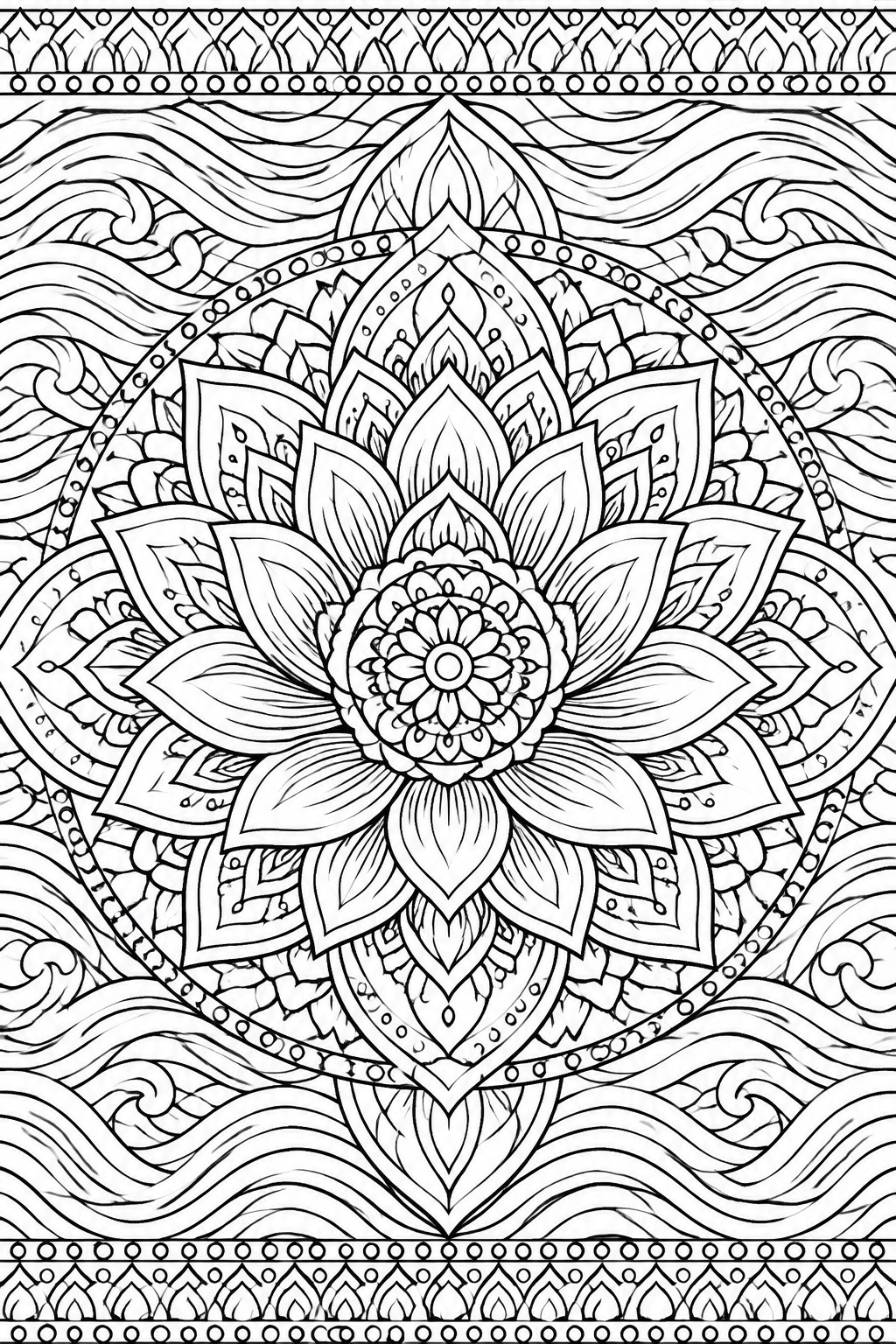 Intricate black-and-white mandala with central lotus flower and ornate swirling patterns.