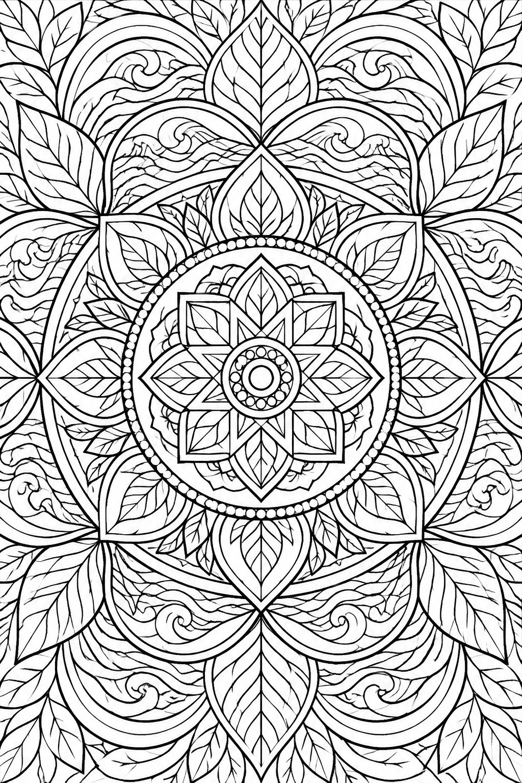 Intricate black-and-white mandala with symmetrical leaves, petals, and swirling patterns