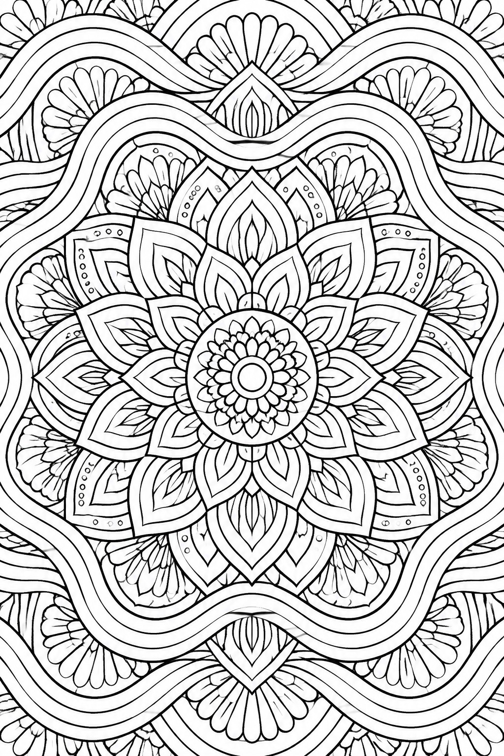 Intricate black-and-white mandala with layered floral petals, waves, and geometric symmetry.