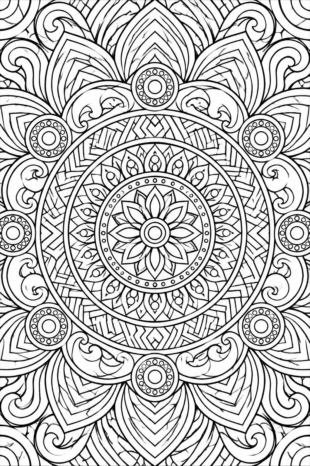 Detailed black-and-white mandala with concentric circles, petals, and decorative swirls.