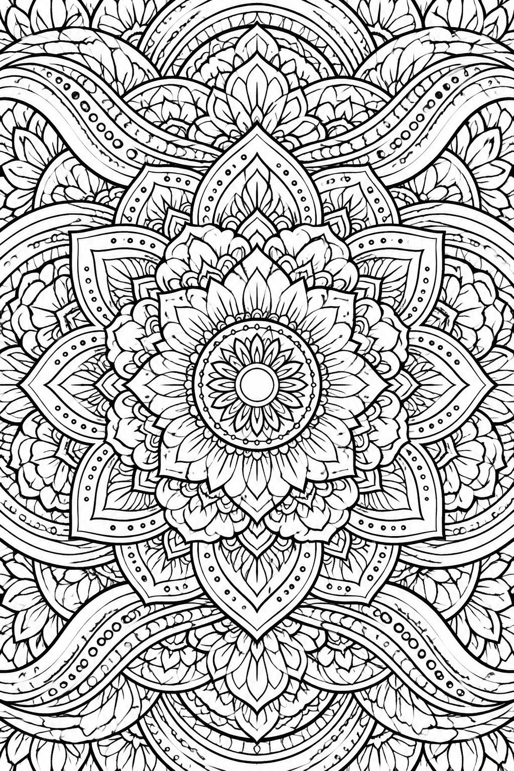 A black and white intricate mandala coloring page featuring a central flower, layered petals, shield shapes, and wavy outer borders with dotted lines.