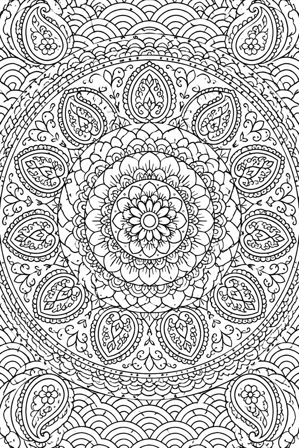 Intricate black-and-white mandala with paisley, floral, and geometric patterns