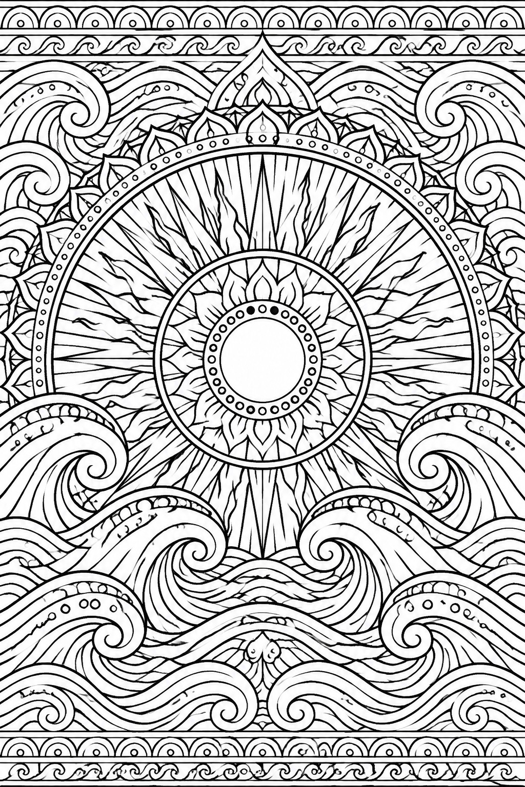 Black and white mandala coloring page with central sun motif, radiating rays, surrounding wave patterns, and decorative borders.
