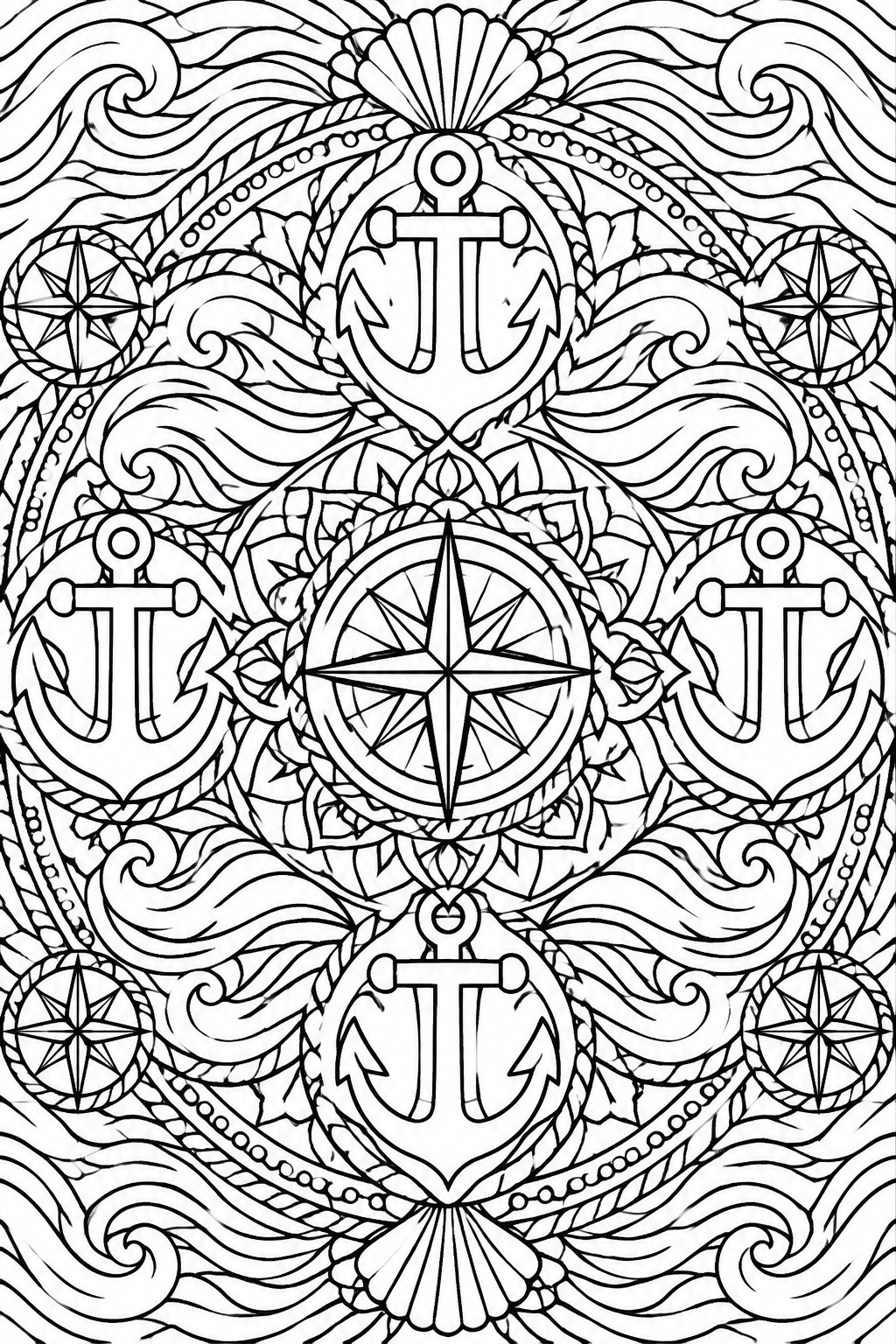 Intricate black-and-white mandala of anchors, compass roses, waves, ropes and stars.
