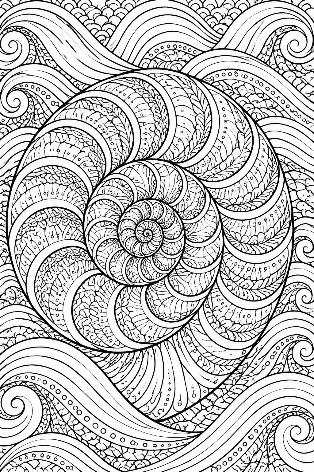 Intricate black-and-white coloring page with central nautilus shell amid swirling waves.