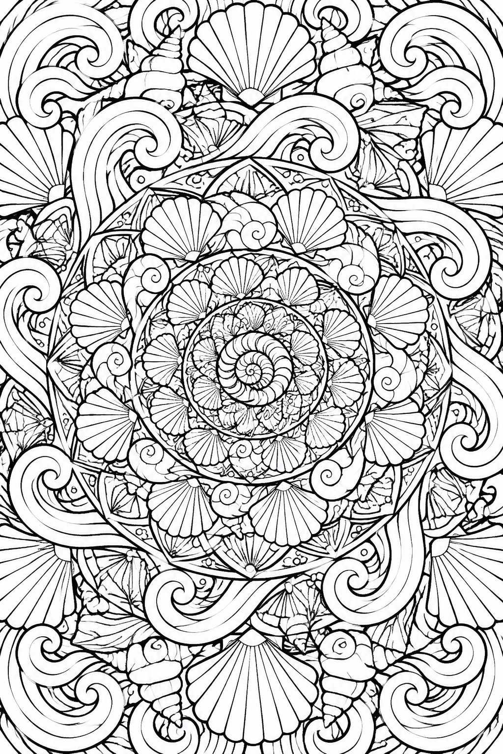Intricate black-and-white mandala of seashells, nautilus spirals, and swirling wave patterns.