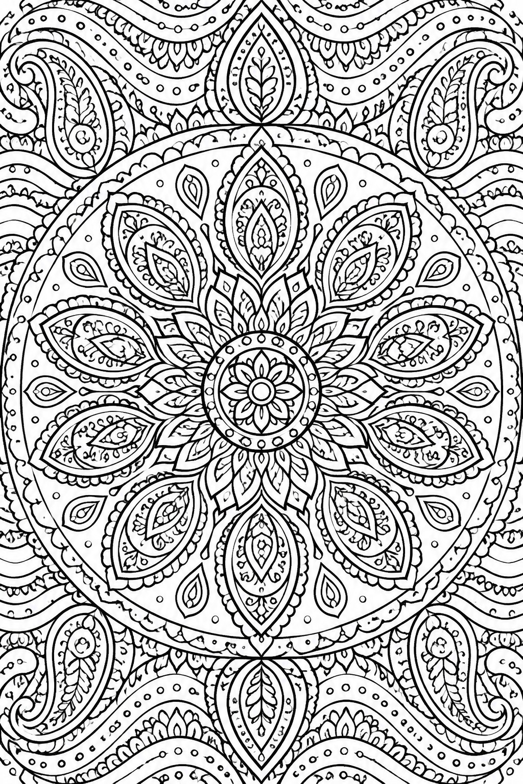 A black and white mandala coloring page with paisley and teardrop shapes arranged around a central flower and framed by wavy borders.