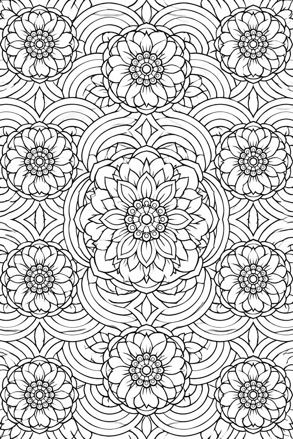 Black and white mandala coloring page showing multiple floral designs with layered petals inside concentric circles and connecting curved motifs.