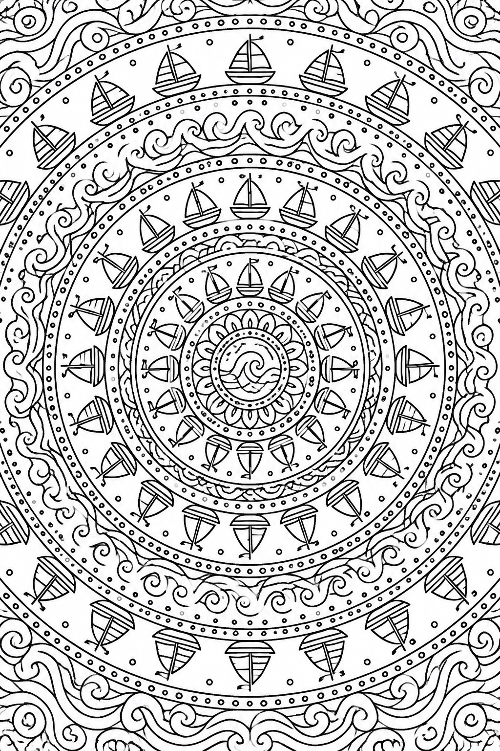 Concentric circles of sailboats and waves forming a detailed mandala design.