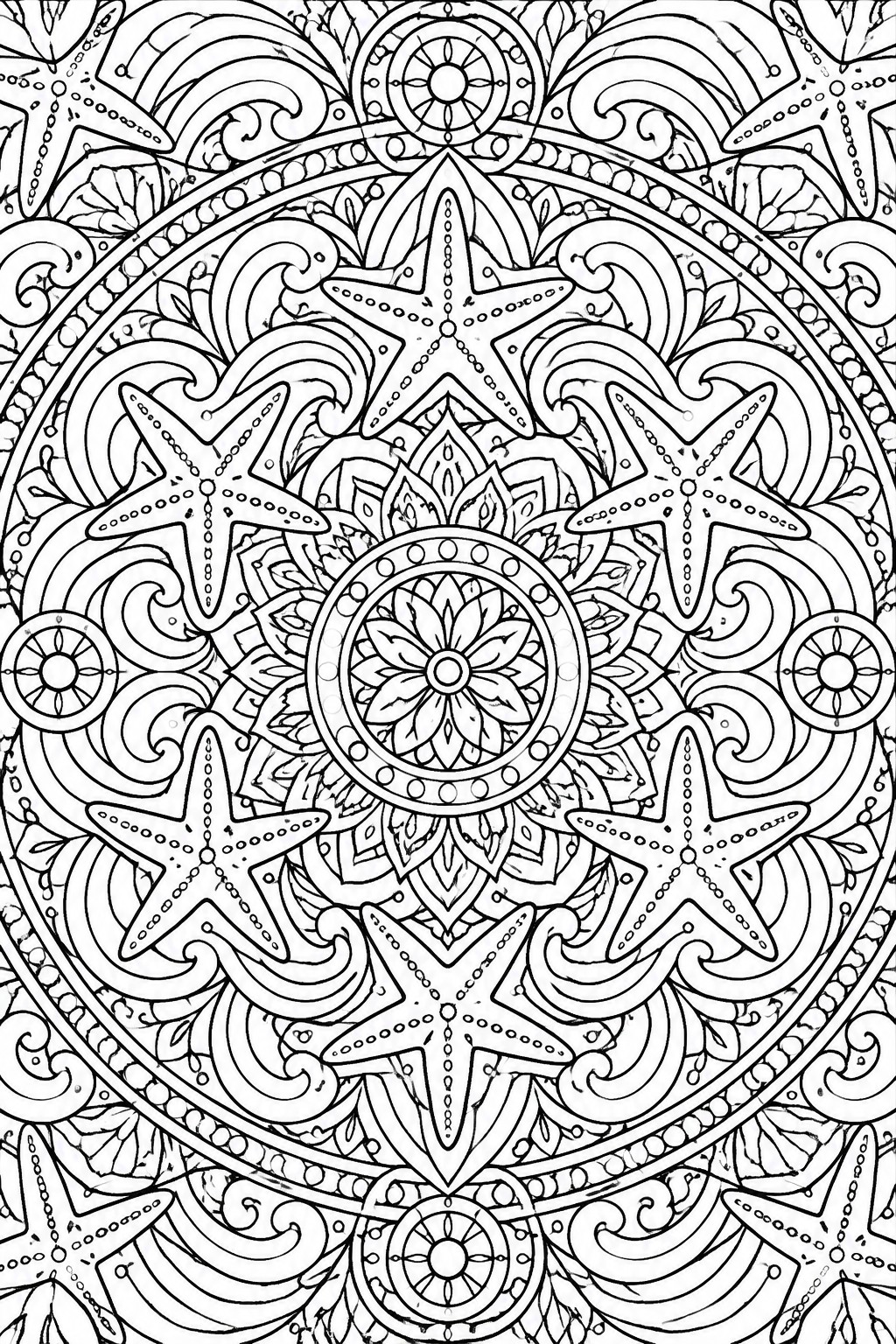 Intricate mandala with starfish, waves, and floral patterns in black line art