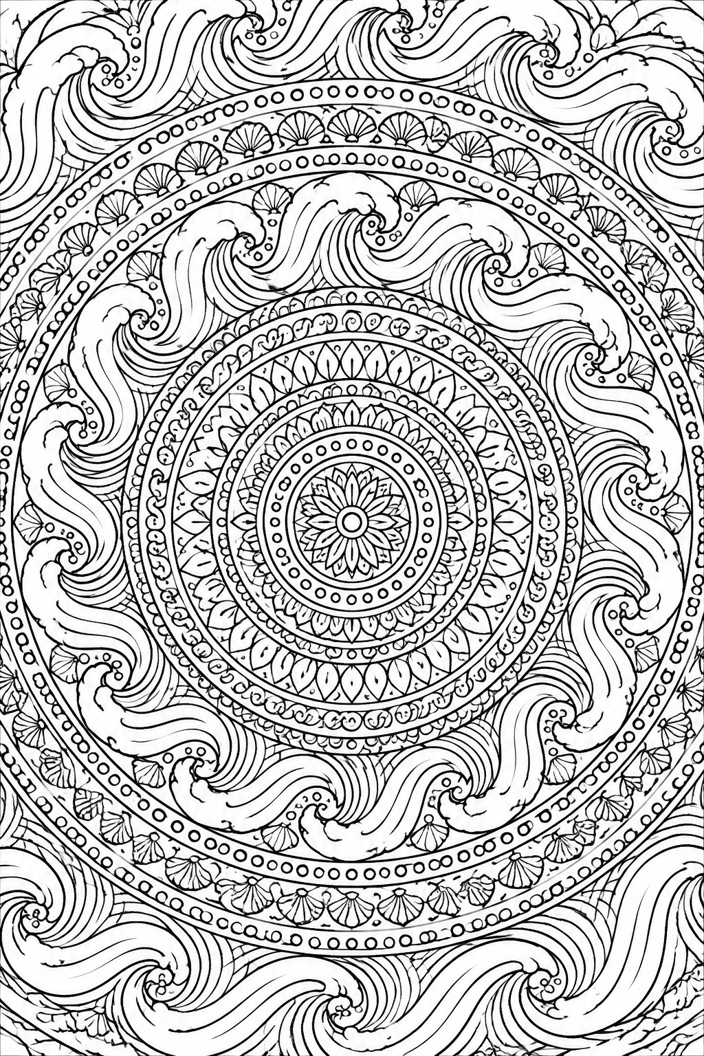 Intricate black-and-white mandala with waves, shells, petals, and central lotus.