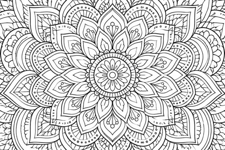 25 Unique Abstract Mandala Coloring Pages With Layered Shapes Intricate black-and-white mandala with layered floral petals, leaves, and circular patterns