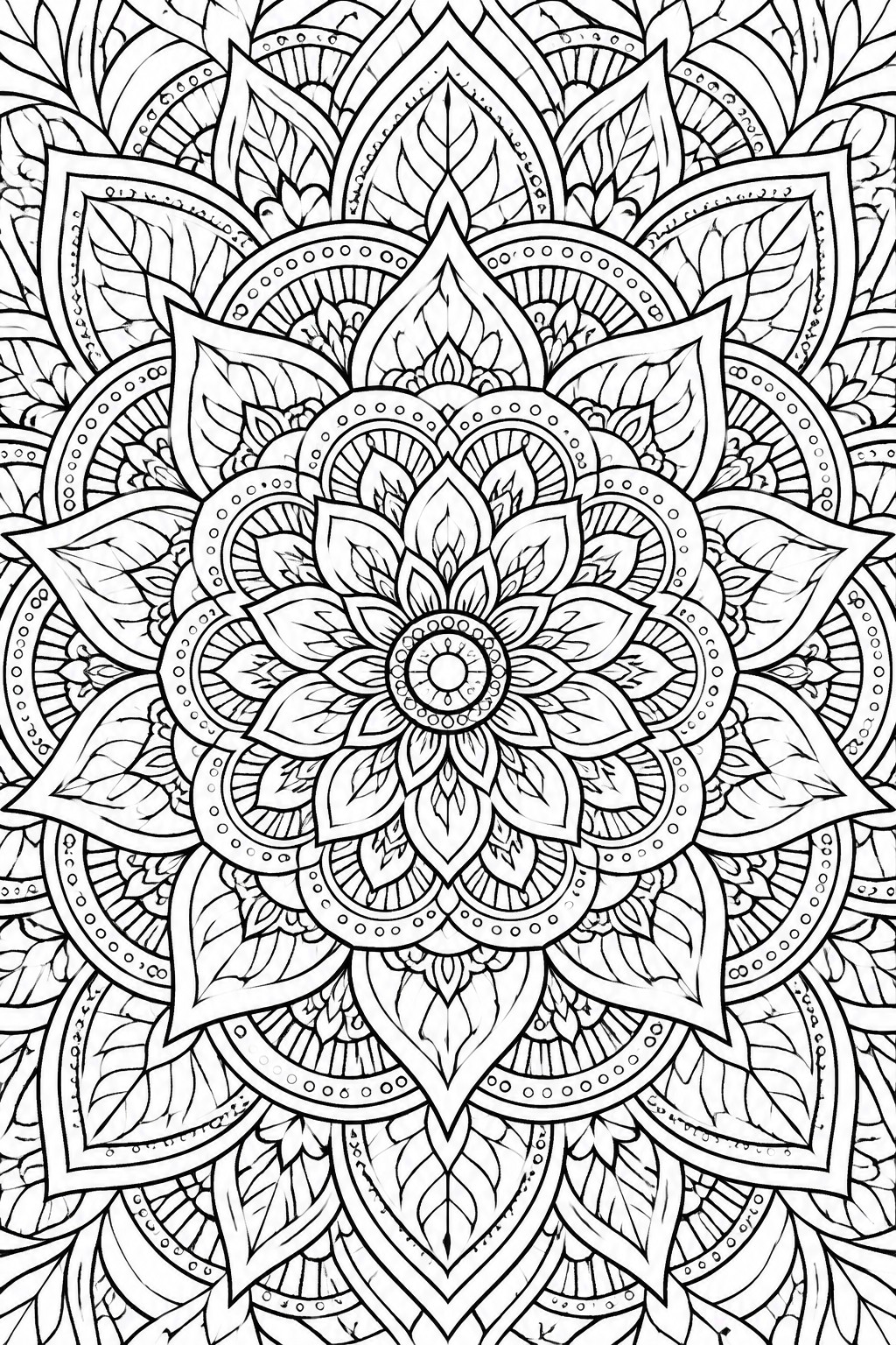 Intricate black-and-white mandala with layered floral petals, leaves, and circular patterns